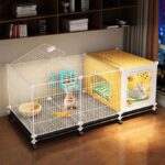 Rabbit Cage, Indoor Hutch with Enclosed lounge area – Rabbit House with Sliding Trays & Universal Wheel for Ferret