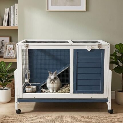 RUNSHED Two Floors Wooden Indoor Bunny Hutch Rabbit Cage on Wheels, Waterproof - Image 3