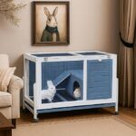 RUNSHED Two Floors Wooden Indoor Bunny Hutch Rabbit Cage on Wheels, Waterproof