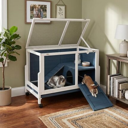 RUNSHED Two Floors Wooden Indoor Bunny Hutch Rabbit Cage on Wheels, Waterproof - Image 2