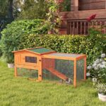 PawHut Rabbit Hutch with Run Wooden Outdoor Bunny Cage Hide House with Sliding Tray, Hay Rack, Ramp, 156 x 58 x 68cm, Orange