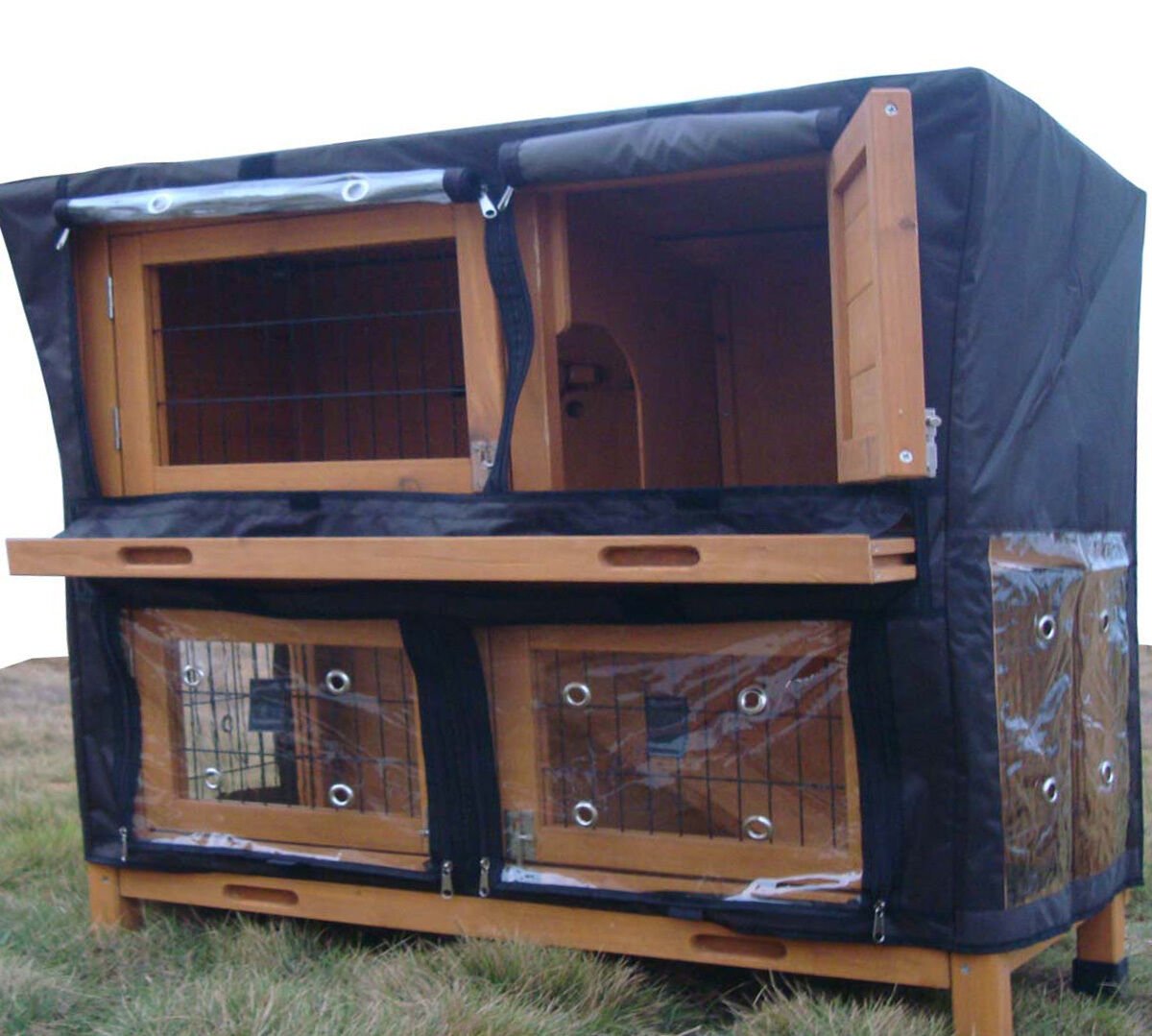 roger-nat-cover-2.jpg Rabbit Hutch Rain Sun Winter COVER for LARGE XL 2 Tier Grey + Natural hutches - Image 1